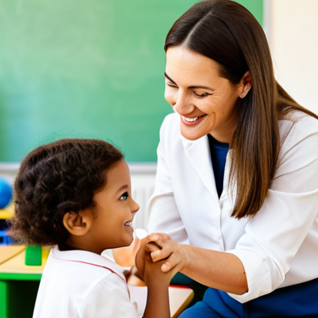 A kind and professional female preschool teacher, with a warm, gentle smile, gently guiding a curious child during an engaging play activity in a brightly lit, welcoming classroom. The teacher is wearing a modest, professional tunic and trousers, and the child is in comfortable, appropriate play clothes. The background shows blurred elements of educational toys and colorful children's artwork, creating a sense of calm and trust. Professional photography, perfect anatomy, correct proportions, natural pose, well-formed hands, proper finger count, natural body proportions, vibrant colors, soft focus, depth of field, safe for work, appropriate content, fully clothed, professional, modest, family-friendly.