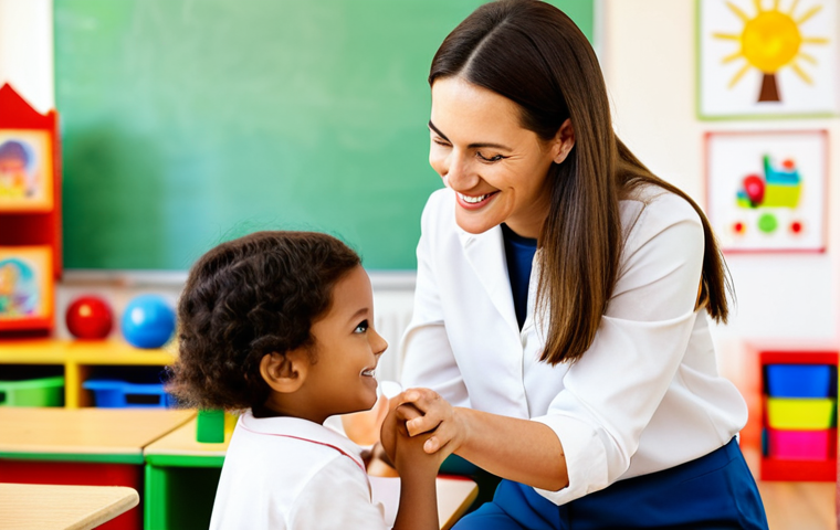 A kind and professional female preschool teacher, with a warm, gentle smile, gently guiding a curious child during an engaging play activity in a brightly lit, welcoming classroom. The teacher is wearing a modest, professional tunic and trousers, and the child is in comfortable, appropriate play clothes. The background shows blurred elements of educational toys and colorful children's artwork, creating a sense of calm and trust. Professional photography, perfect anatomy, correct proportions, natural pose, well-formed hands, proper finger count, natural body proportions, vibrant colors, soft focus, depth of field, safe for work, appropriate content, fully clothed, professional, modest, family-friendly.