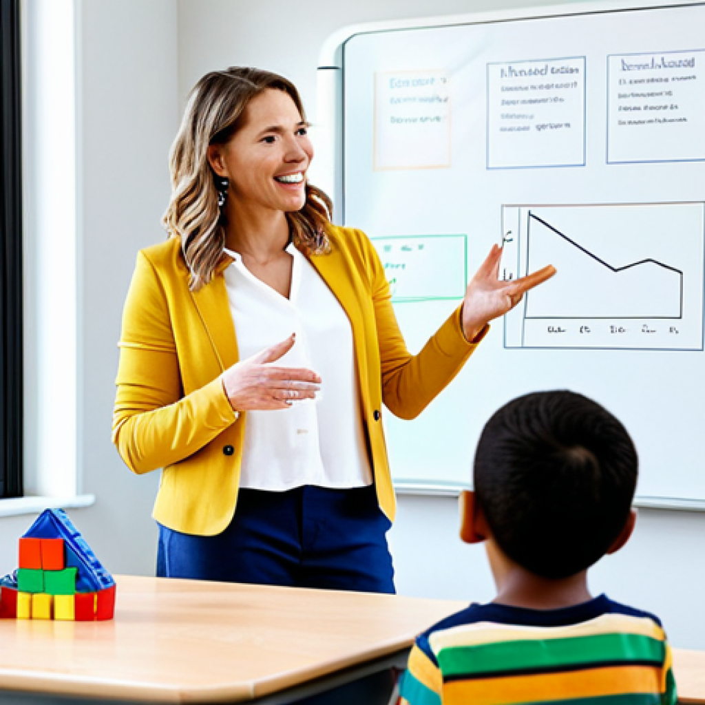 A professional female educator in a modest business casual outfit, gently guiding a diverse group of young children through an engaging learning activity in a brightly lit, modern preschool classroom. The children are dressed in comfortable, age-appropriate attire. The room features colorful educational toys, building blocks, and an interactive digital whiteboard displaying a simple, child-friendly graphic. professional photography, natural pose, correct proportions, perfect anatomy, well-formed hands, proper finger count, natural body proportions, safe for work, appropriate content, fully clothed, family-friendly.