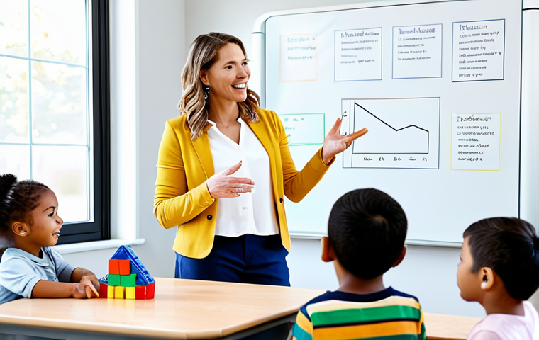A professional female educator in a modest business casual outfit, gently guiding a diverse group of young children through an engaging learning activity in a brightly lit, modern preschool classroom. The children are dressed in comfortable, age-appropriate attire. The room features colorful educational toys, building blocks, and an interactive digital whiteboard displaying a simple, child-friendly graphic. professional photography, natural pose, correct proportions, perfect anatomy, well-formed hands, proper finger count, natural body proportions, safe for work, appropriate content, fully clothed, family-friendly.