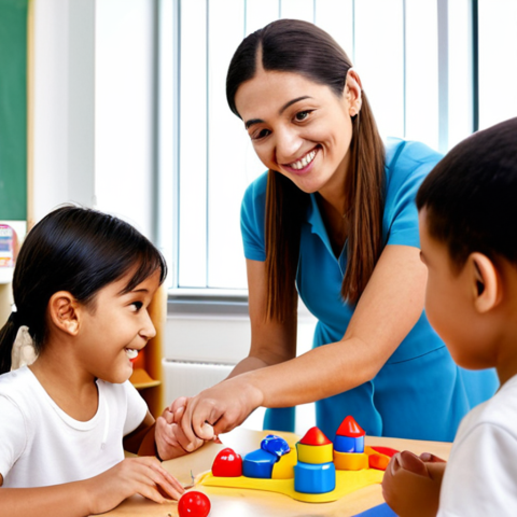 A professional female kindergarten teacher, in modest and appropriate attire, with a kind and encouraging expression, gently guiding a diverse group of happy children in a brightly lit, well-organized classroom. Children, fully clothed, are engaged in cooperative play and learning activities with various educational toys and colorful materials. The scene emphasizes emotional safety and inclusivity, with all children actively participating. The setting is clean and inviting, reflecting a nurturing environment. Safe for work, appropriate content, fully clothed, family-friendly, perfect anatomy, correct proportions, natural pose, well-formed hands, proper finger count, natural body proportions, professional photography, high quality, studio lighting.