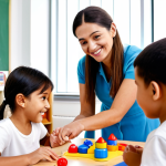 A professional female kindergarten teacher, in modest and appropriate attire, with a kind and encouraging expression, gently guiding a diverse group of happy children in a brightly lit, well-organized classroom. Children, fully clothed, are engaged in cooperative play and learning activities with various educational toys and colorful materials. The scene emphasizes emotional safety and inclusivity, with all children actively participating. The setting is clean and inviting, reflecting a nurturing environment. Safe for work, appropriate content, fully clothed, family-friendly, perfect anatomy, correct proportions, natural pose, well-formed hands, proper finger count, natural body proportions, professional photography, high quality, studio lighting.