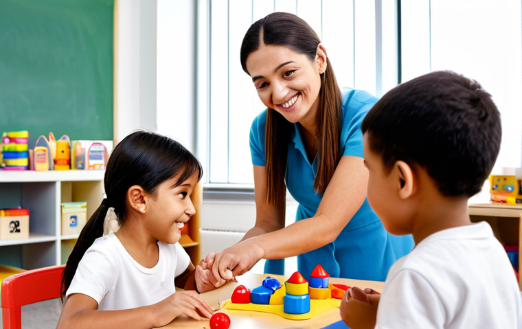 A professional female kindergarten teacher, in modest and appropriate attire, with a kind and encouraging expression, gently guiding a diverse group of happy children in a brightly lit, well-organized classroom. Children, fully clothed, are engaged in cooperative play and learning activities with various educational toys and colorful materials. The scene emphasizes emotional safety and inclusivity, with all children actively participating. The setting is clean and inviting, reflecting a nurturing environment. Safe for work, appropriate content, fully clothed, family-friendly, perfect anatomy, correct proportions, natural pose, well-formed hands, proper finger count, natural body proportions, professional photography, high quality, studio lighting.