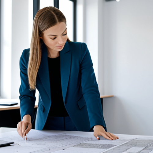 Home 19 **
A professional female architect in a modern, brightly lit office, reviewing blueprints at a large table, fully clothed in a stylish yet modest blazer and trousers, appropriate attire, safe for work, perfect anatomy, correct proportions, natural pose, detailed architectural drawings, high-quality render.
**