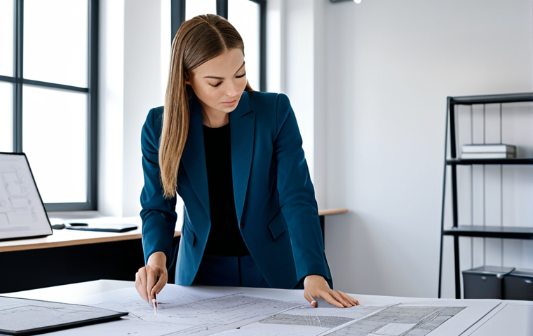 **

A professional female architect in a modern, brightly lit office, reviewing blueprints at a large table, fully clothed in a stylish yet modest blazer and trousers, appropriate attire, safe for work, perfect anatomy, correct proportions, natural pose, detailed architectural drawings, high-quality render.

**