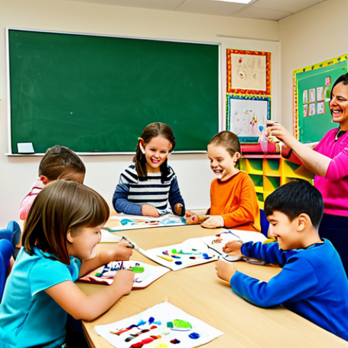 Home 18 **
"A kindergarten classroom scene filled with children fully clothed, participating in a creative project involving drawing and clay modeling. The room is bright and colorful, decorated with children's artwork. The children are engaged and happy, showing their creations. Focus on capturing the joyful atmosphere of learning through play. appropriate attire, professional, perfect anatomy, natural proportions, family-friendly, safe for work."
**
