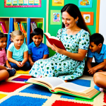 ** A professional kindergarten teacher, fully clothed in a modest floral print dress, reading a storybook to a group of attentive children sitting on a colorful rug in a bright and cheerful classroom, bookshelves filled with books in the background, safe for work, appropriate content, perfect anatomy, natural proportions, professional illustration, family-friendly.

**