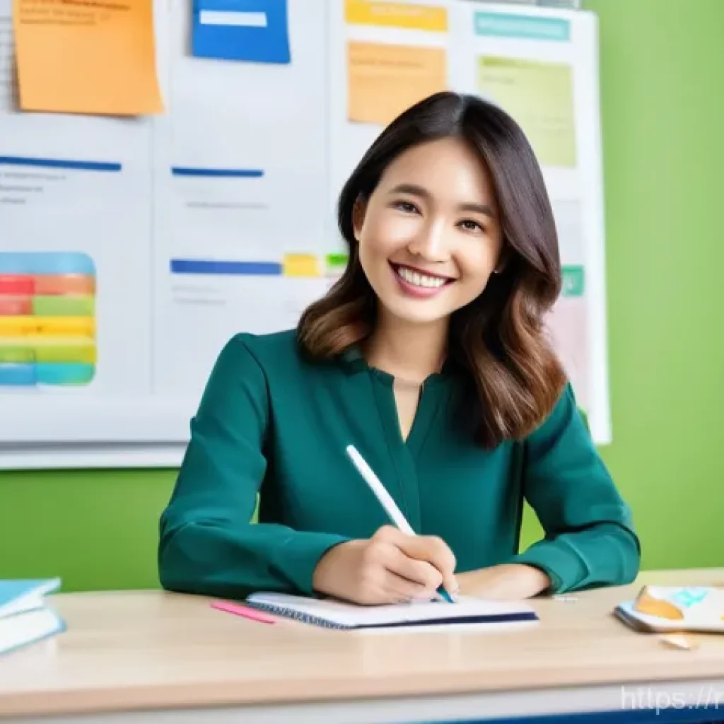 유아교육지도사로서의 직장 생활 정리법 - **Prompt:** A cheerful female kindergarten teacher in her late 30s, dressed in a modest yet stylish ...