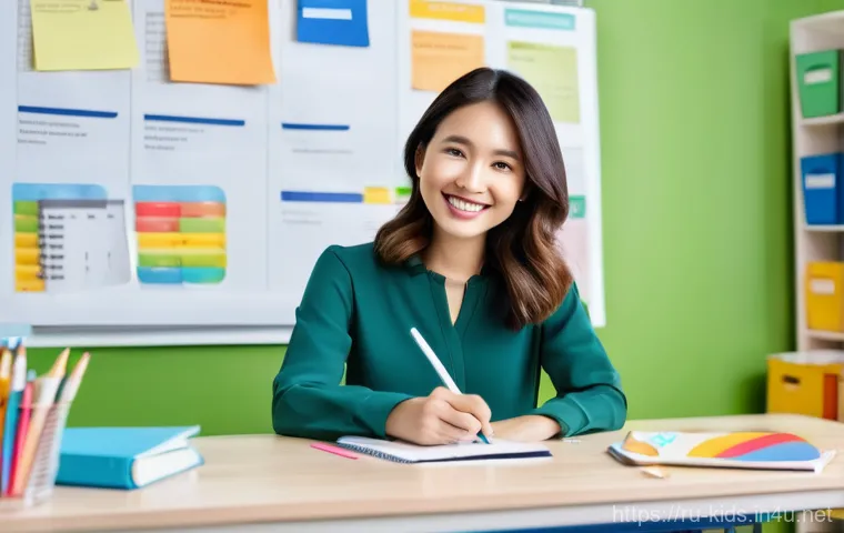 유아교육지도사로서의 직장 생활 정리법 - **Prompt:** A cheerful female kindergarten teacher in her late 30s, dressed in a modest yet stylish ...