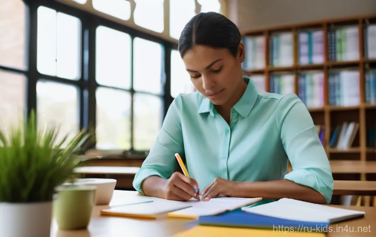 유아교육지도사 필기시험 준비를 위한 플래너 작성법 - **"A thoughtful female educator, in her late 30s, with a warm and approachable expression, sitting a...