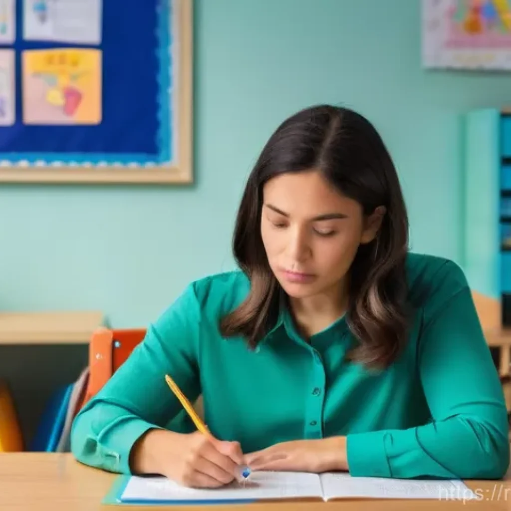 유아교육지도사 실무에서 발생하는 문제점 - A tired but dedicated female kindergarten teacher in her late 30s is working late in a dimly lit, co...
