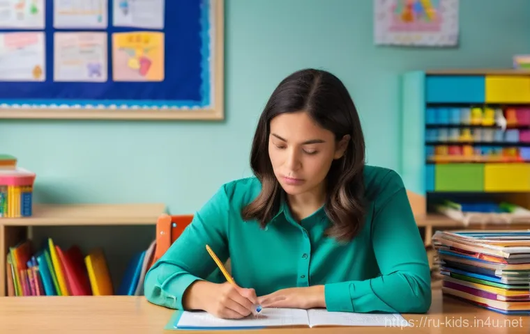 유아교육지도사 실무에서 발생하는 문제점 - A tired but dedicated female kindergarten teacher in her late 30s is working late in a dimly lit, co...