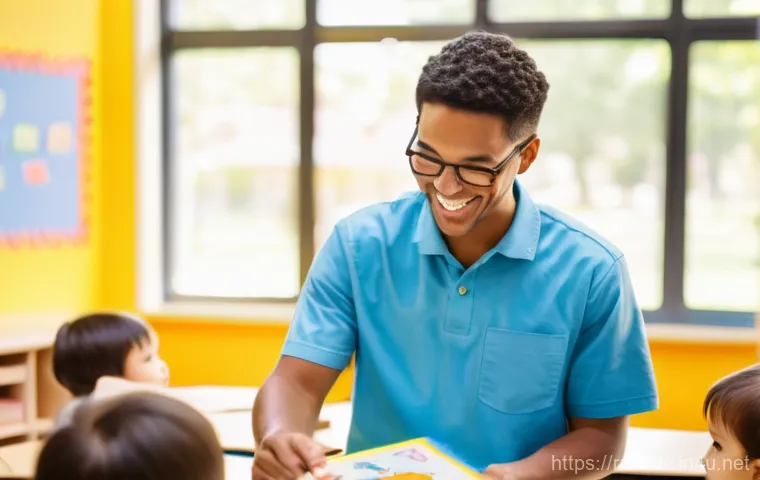 유아교육지도사 실무에서 발생하는 문제점 - A tired but dedicated female kindergarten teacher in her late 30s is working late in a dimly lit, co...