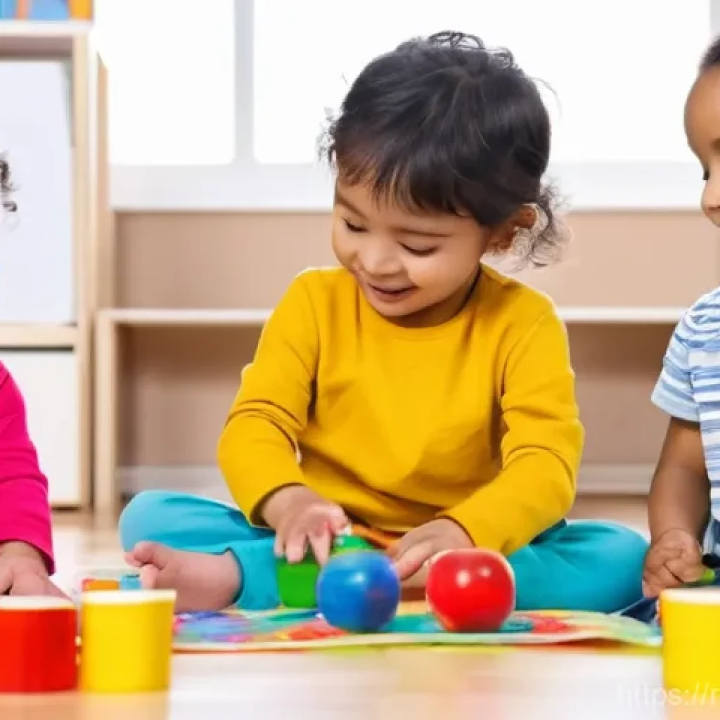 유아교육지도사 강의 계획 작성법 사례 분석 - **A vibrant indoor preschool classroom scene. A group of diverse toddlers, approximately 2-3 years o...
