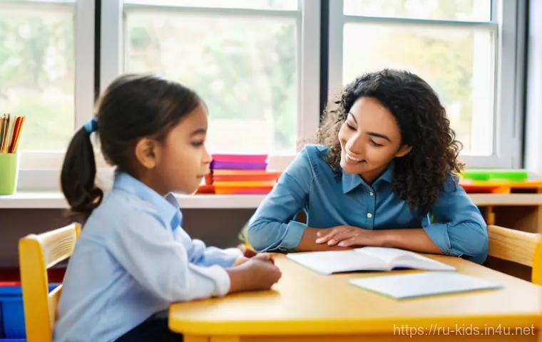 유아교육지도사로서의 직장 내 윤리적 문제 해결법 - **Prompt:** A heartwarming scene inside a brightly lit kindergarten classroom. A female teacher, in ...