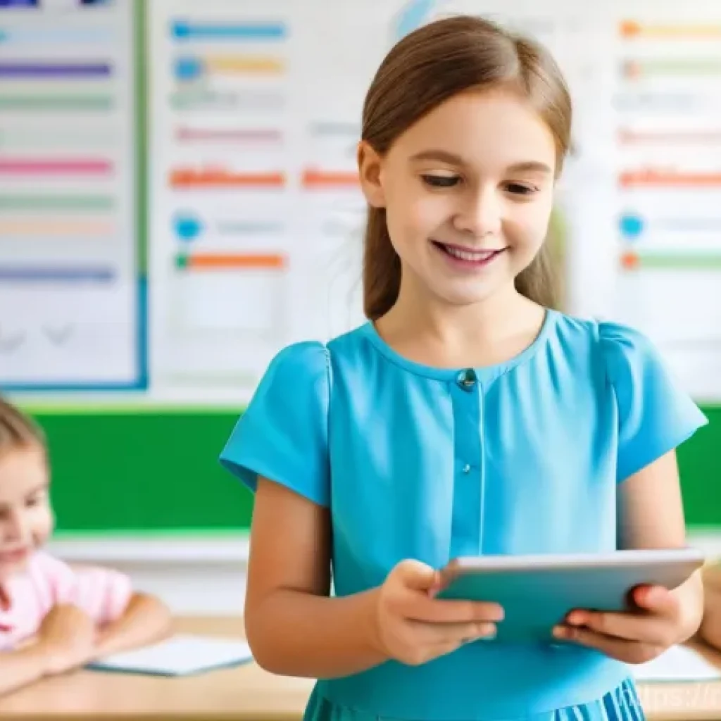 유아교육지도사 업무 중 유용한 모바일 앱 - **Prompt:** A female kindergarten teacher in a brightly lit, cheerful Russian kindergarten classroom...