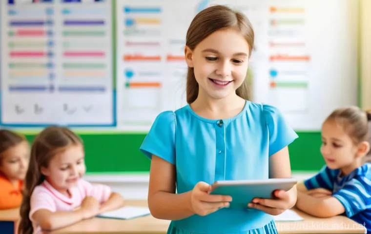 유아교육지도사 업무 중 유용한 모바일 앱 - **Prompt:** A female kindergarten teacher in a brightly lit, cheerful Russian kindergarten classroom...