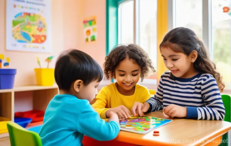 유아교육지도사 업무 중 유용한 모바일 앱 - **Prompt:** A female kindergarten teacher in a brightly lit, cheerful Russian kindergarten classroom...