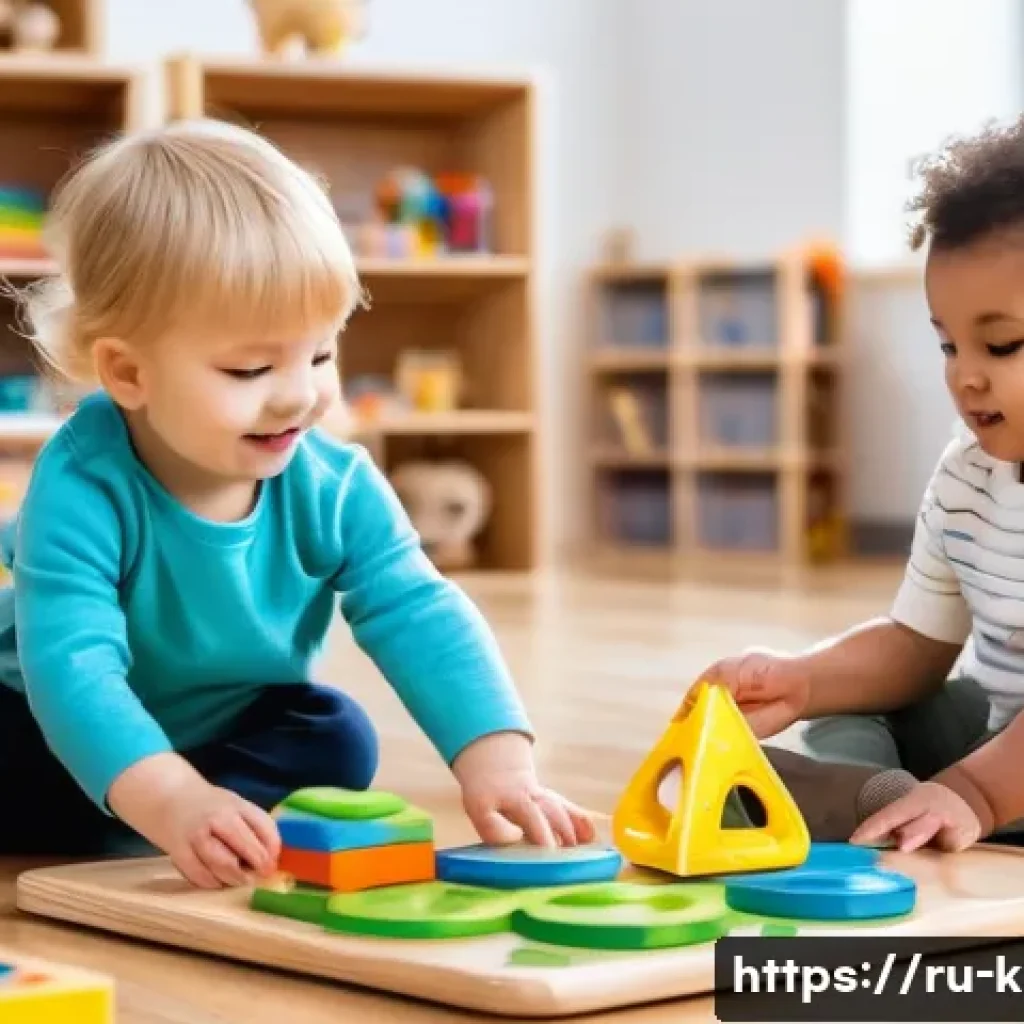유아교육지도사 강의 중 활용할 수 있는 다양한 자료 - A bright and colorful preschool classroom scene featuring toddlers playing with interactive educatio...