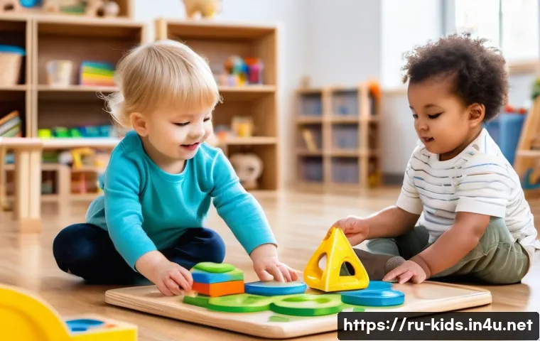 유아교육지도사 강의 중 활용할 수 있는 다양한 자료 - A bright and colorful preschool classroom scene featuring toddlers playing with interactive educatio...