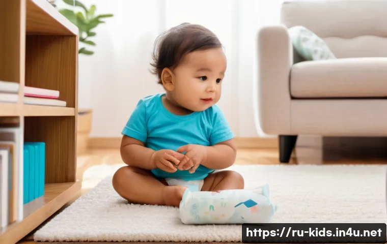 유아교육지도사 강의 중 학생과의 소통 방법 - A tender scene of a parent calmly looking into the eyes of a young toddler wearing a diaper, sitting...