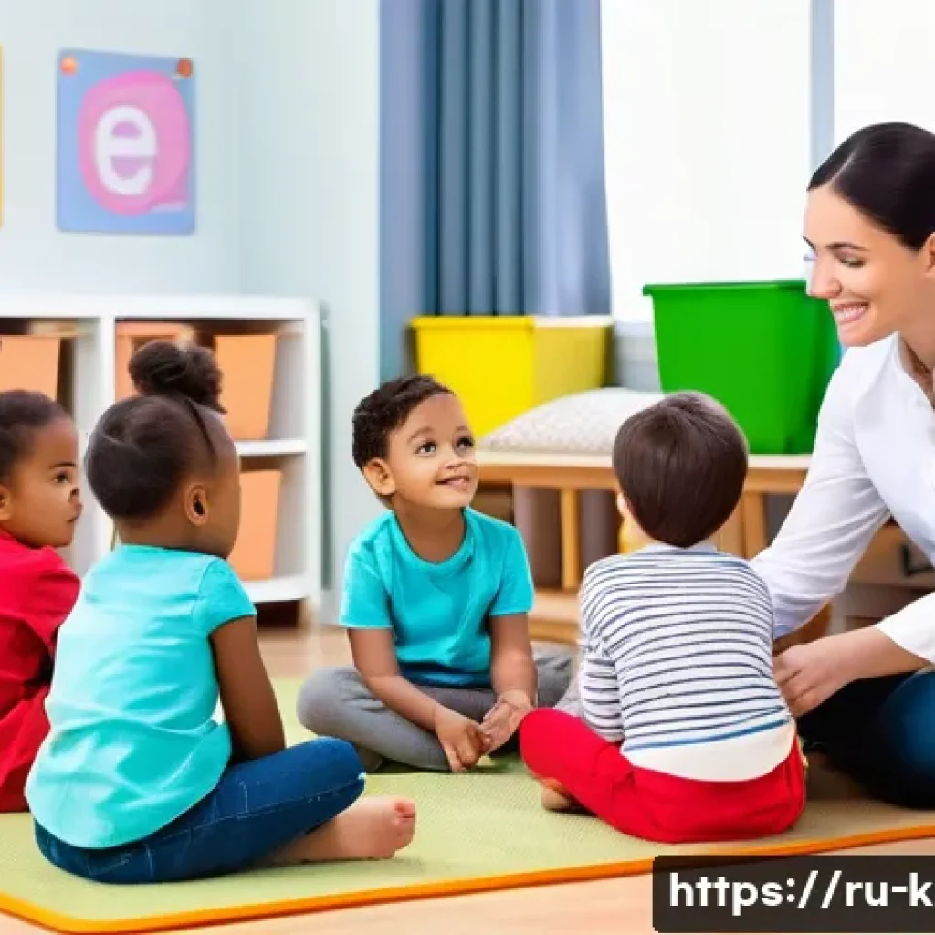 유아교육지도사로서의 근무 목표 설정법 - A warm and inviting kindergarten classroom scene showing a diverse group of young children aged arou...
