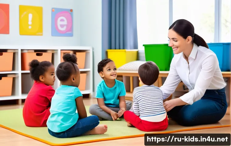 유아교육지도사로서의 근무 목표 설정법 - A warm and inviting kindergarten classroom scene showing a diverse group of young children aged arou...