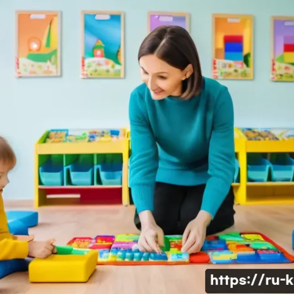유아교육지도사 자격증 시험 후 새로운 커리어 탐색 - A warm and inviting preschool classroom scene in a modern Russian kindergarten, showing a female edu...