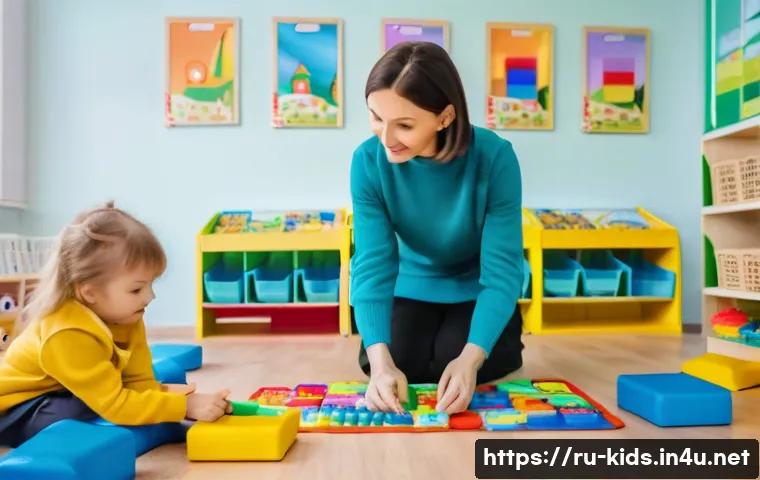 유아교육지도사 자격증 시험 후 새로운 커리어 탐색 - A warm and inviting preschool classroom scene in a modern Russian kindergarten, showing a female edu...