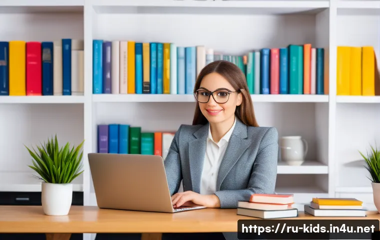 유아교육지도사 경력 중단 후 재취업 성공 사례 - A professional female preschool educator attending a modern online course on a laptop at home, surro...
