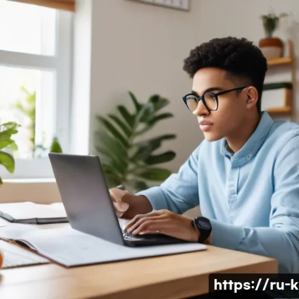 유아교육지도사 자격증 시험 대비 온라인 학습법 - A focused young adult student sitting at a tidy desk in a cozy, well-lit home study room, wearing ca...