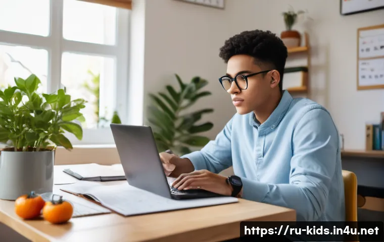 유아교육지도사 자격증 시험 대비 온라인 학습법 - A focused young adult student sitting at a tidy desk in a cozy, well-lit home study room, wearing ca...