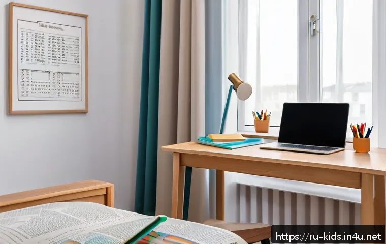유아교육지도사 실기 시험 준비비용 절감 팁 - A cozy, well-organized study corner in a typical Russian apartment, featuring a sturdy wooden desk w...