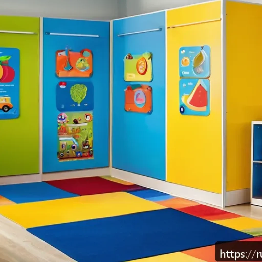 유아교육지도사 강의 중 사용 가능한 시각 자료 추천 - A vibrant kindergarten classroom scene featuring large, colorful educational posters on the walls. T...