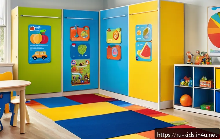유아교육지도사 강의 중 사용 가능한 시각 자료 추천 - A vibrant kindergarten classroom scene featuring large, colorful educational posters on the walls. T...