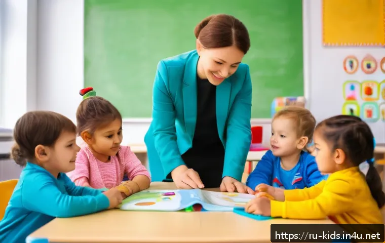 유아교육지도사 자격증 시험 필기와 실기의 차이점 - A professional early childhood educator engaging with a diverse group of young children in a bright,...