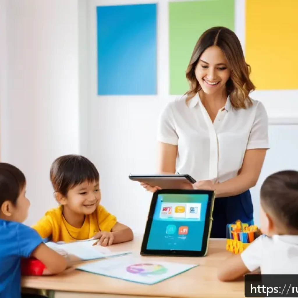 유아교육지도사 경력개발을 위한 소셜미디어 활용법 - A warm, inviting classroom scene showing a professional preschool teacher sharing educational conten...