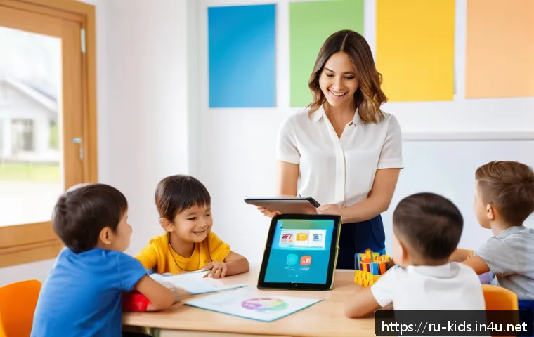 유아교육지도사 경력개발을 위한 소셜미디어 활용법 - A warm, inviting classroom scene showing a professional preschool teacher sharing educational conten...