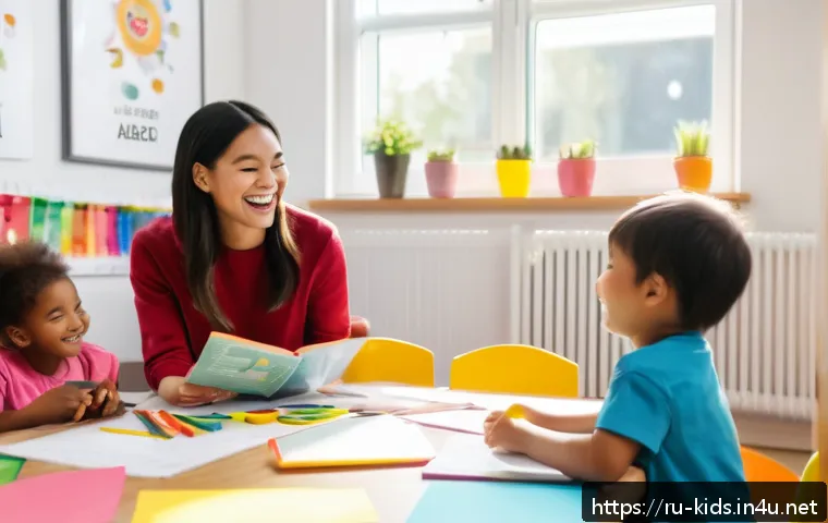 유아교육지도사 강의 중 발생한 에피소드 - A bright and cheerful classroom scene featuring a diverse group of young children aged 3-5, all wear...