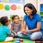유아교육지도사 경력 개발을 위한 멘토 찾기 - A warm and engaging preschool classroom scene featuring a professional mentor teacher guiding a smal...