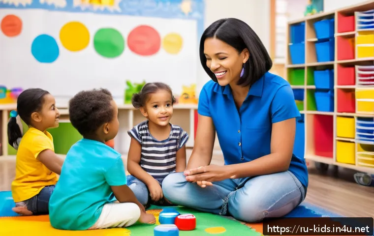 유아교육지도사 경력 개발을 위한 멘토 찾기 - A warm and engaging preschool classroom scene featuring a professional mentor teacher guiding a smal...
