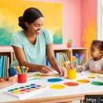 유아교육지도사 신입으로서 경력 목표 설정 - A warm, inviting preschool classroom scene featuring a young female educator engaging creatively wit...