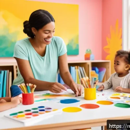 유아교육지도사 신입으로서 경력 목표 설정 - A warm, inviting preschool classroom scene featuring a young female educator engaging creatively wit...