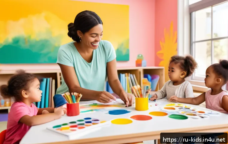 유아교육지도사 신입으로서 경력 목표 설정 - A warm, inviting preschool classroom scene featuring a young female educator engaging creatively wit...