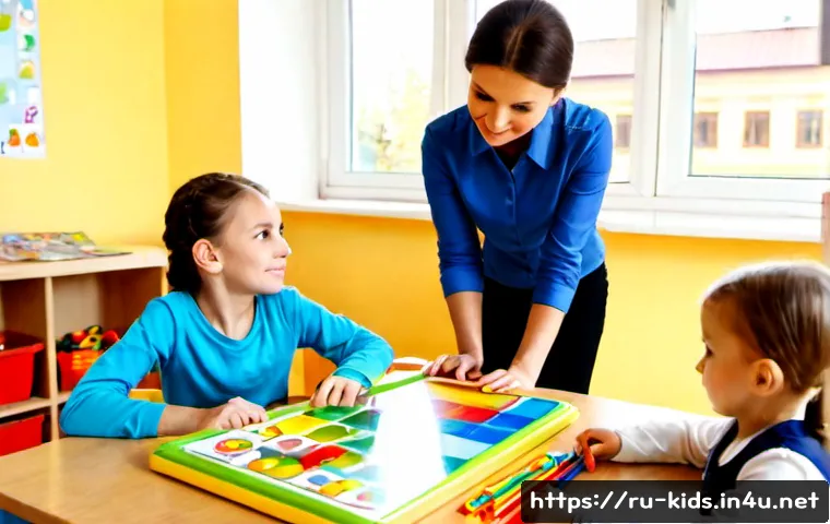 Home 17 유아교육지도사로서의 직무 관리 및 피드백 - Photorealistic early childhood education coordinator in a bright Russian preschool classroom, warmly...